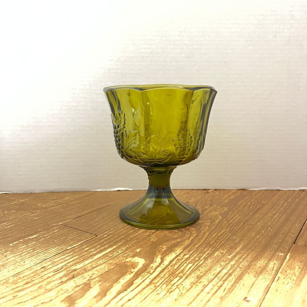Vintage Olive Green Glass Compote Dish Grape Pattern Pedestal Bowl Home Decor